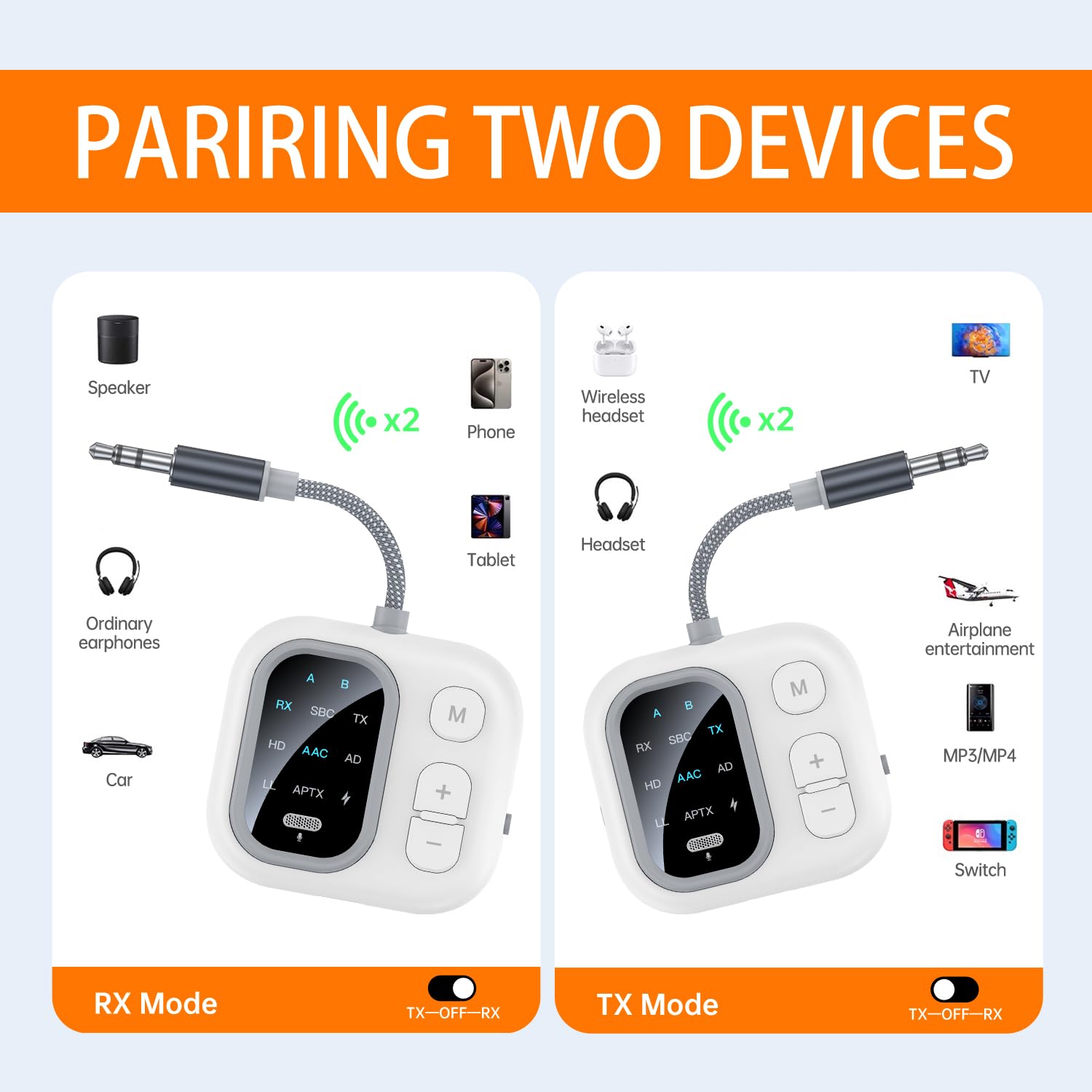 Transmisor Receptor Bluetooth 5.4 Adaptador 2 en 1 Jack 3,5mm Audio para Coche Altavoz Auriculares Amplificador Móvil PC TV (Plata)