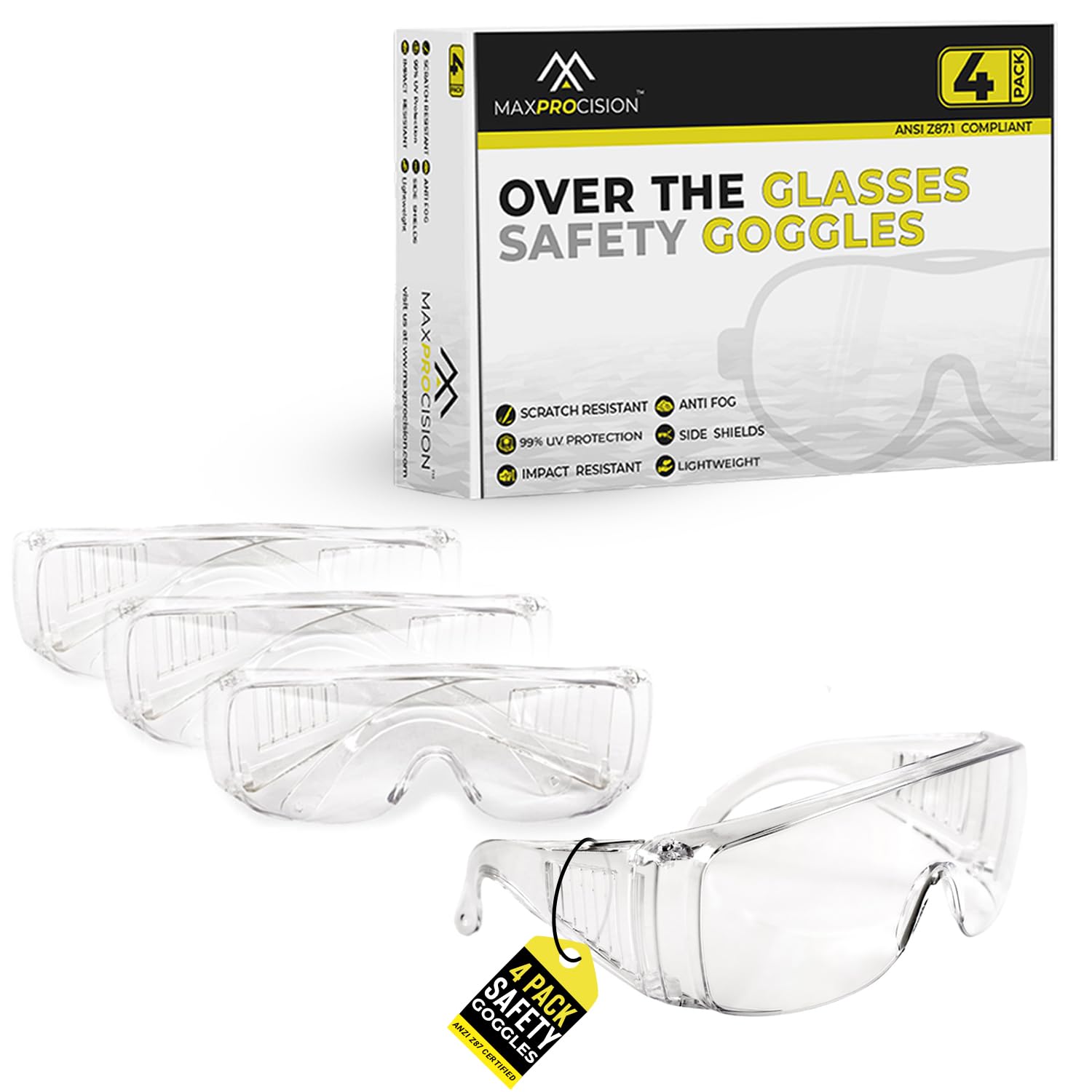 MaxProcision Bulk Packs Safety Glasses Over Eyeglasses - (ANSI Z87, Anti-Fog, Scratch-Resistant, UV Protection)