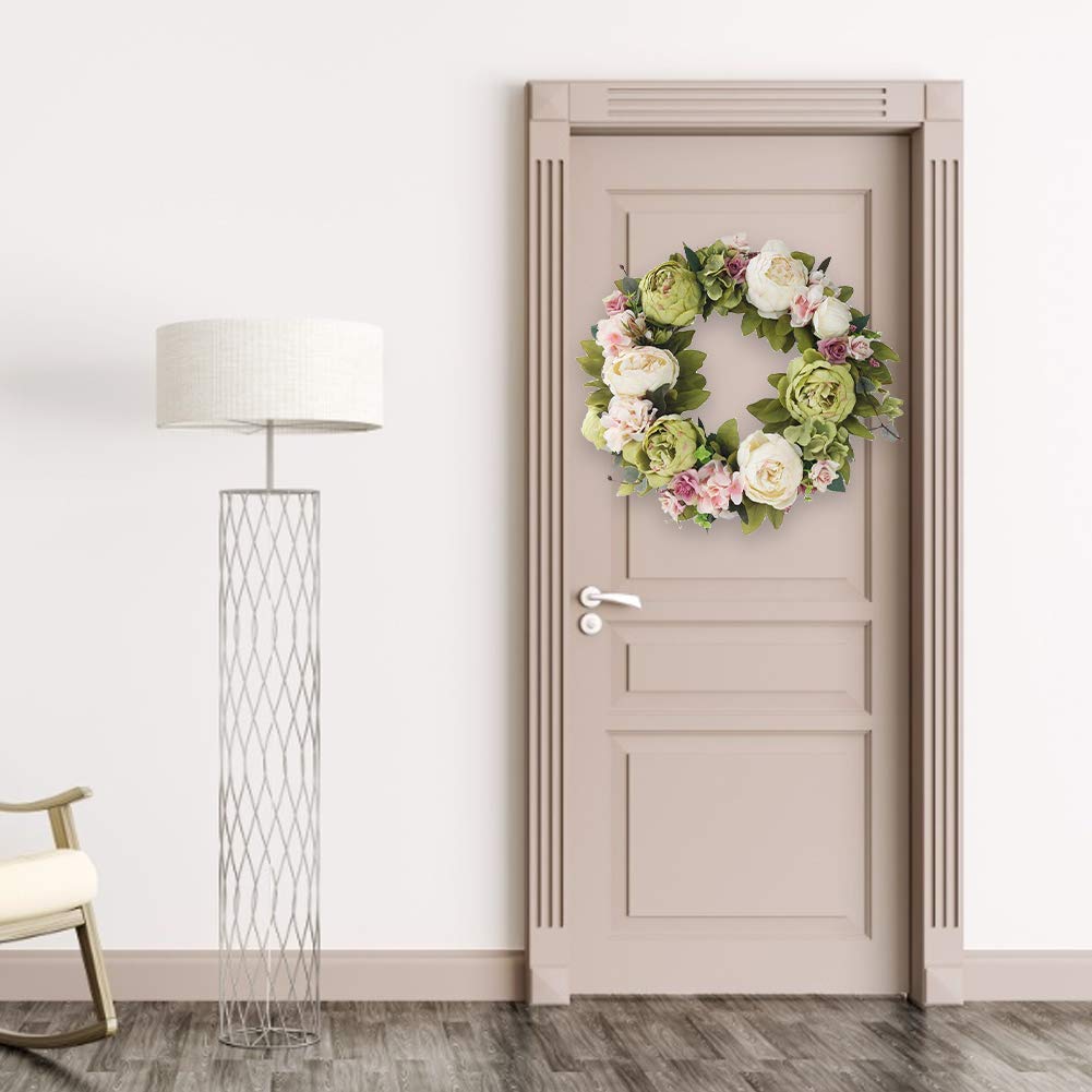 Künstliche Blumenkranz Frühlings-Kranz Artificial Peony Hydrangea-Blumen-Tür-Kranz mit Blumen Deko frühling Deko Kranz,Deko Wandkranz Girlande Kunstpflanzen Hängen Kranz für Frühling und Sommer,40cm