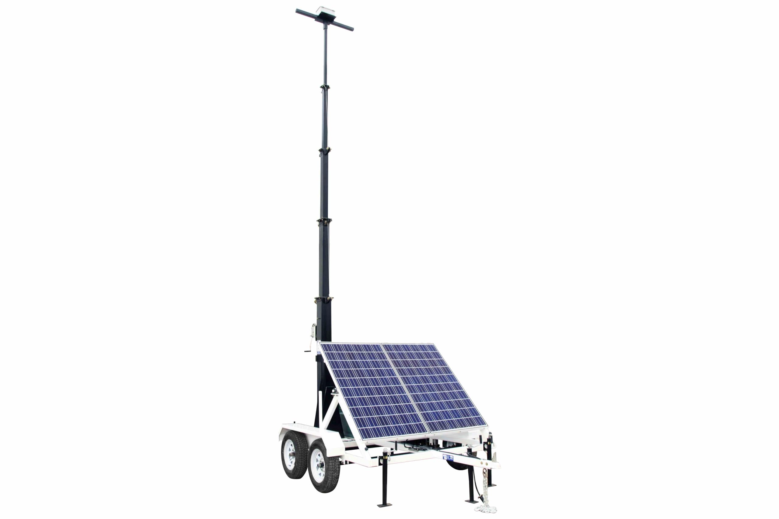 Portable Solar 30' Light Tower- 12V 250aH Gel Cell Battery w/Charger- Tandem Axle Trailer - 5-15 Cord Cap
