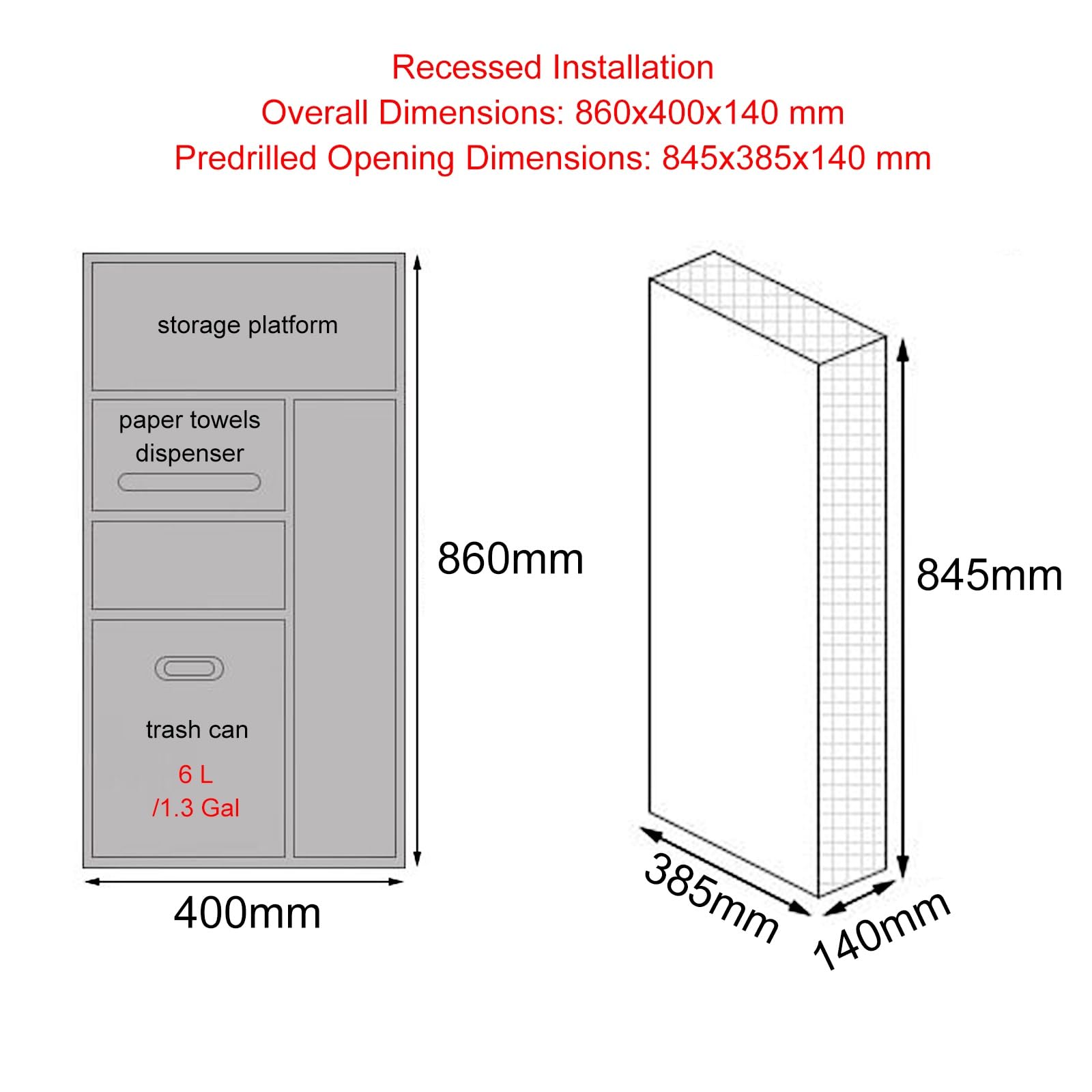 Dispensador Papel Secamanos Empotrado, Dispensador de Toallas de Papel de Acero Inoxidable 304 con Plataforma de Almacenamiento y Cubo Basura para Doméstico(Gray)