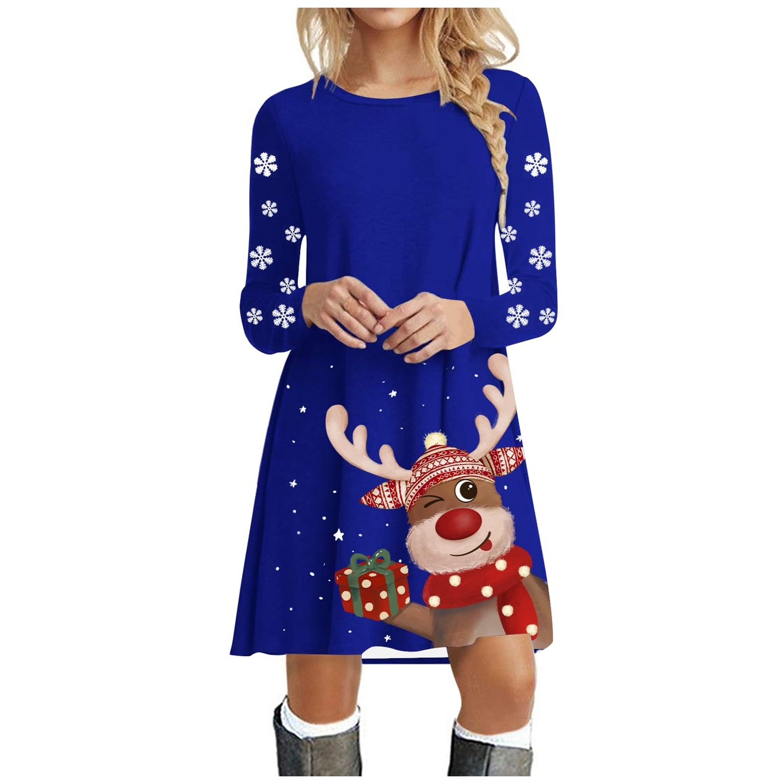 Kerstoutfit kerstjurk voor dames, lange mouwen, ronde hals, print, zachte jurk, modieuze swing-jurk voor cocktailparty's, zwart, L