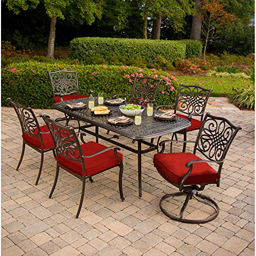 Hanover Traditions 7-Piece Cast Aluminum Outdoor Patio Dining Set, 4 Stationary Chairs, 2 Swivel Rocker Chairs, Brushed Bronze Finish with Red Cushions, Rust-Resistant