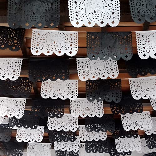 5 Pk Dia de Los Muertos Papel Picado, Extra Fancy Mexican Papel Picado Banners Over 60 FT Long, Large White and Black Day of The Dead Paper Garland WS96
