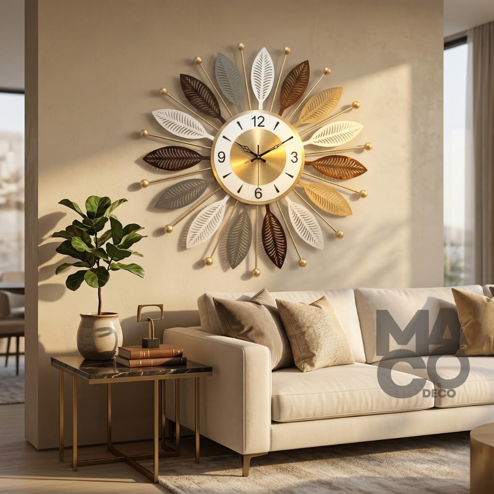 Big Size Sunburst Design Wall Clock for Hall, Modern Gold Tone Dial Silent Analog Clock for Living Room, Bedroom, Stylish Decor-image-25