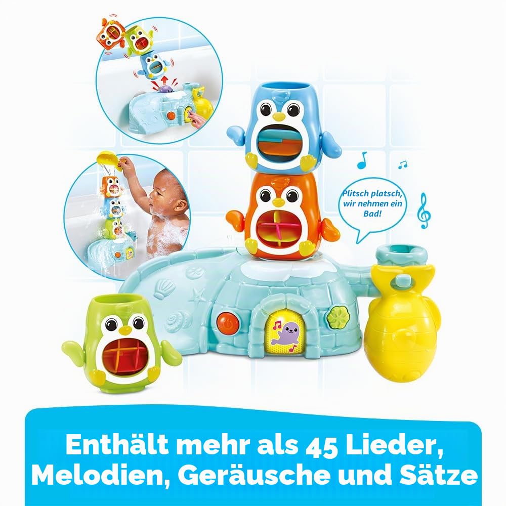 VTech - 1, 2, 3 Empilo Pinguine, Badespielzeug zum Stapeln für Babys, interaktives und musikalisches Igloo mit Trio von Pinguinen und 2 Saugnäpfen zur Befestigung, Geschenk für Kinder ab 1 Jahr –