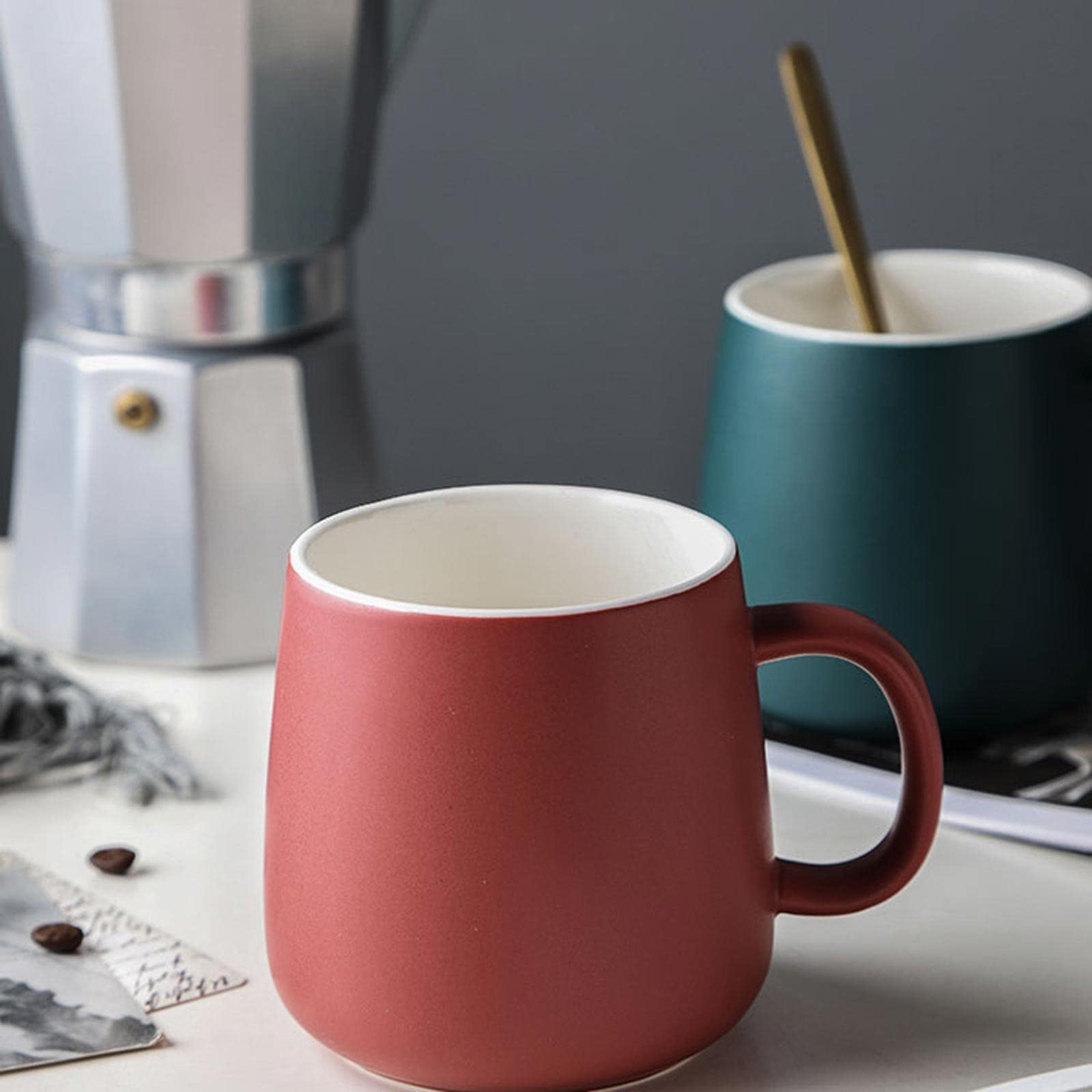 HASMI Taza De Café Taza de cerámica con tapa y cuchara Taza de agua for el hogar Taza de té Taza de café Taza de agua Pareja estilo 12.9oz Tazas Desayuno (Color : T)