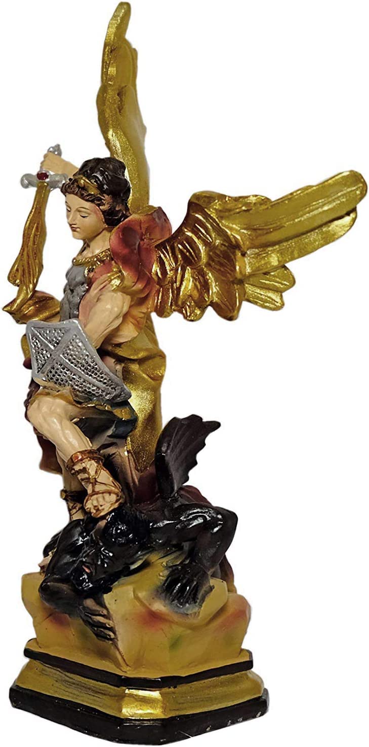 Geschenkidee - 30 cm Heiligenfigur Heiliger Michael Erzengel Schutzpatron Deutschlands und der Kirche - Handgemalte Figur auf Sockel - Hochwertiger Kunstguss aus Resin – Dekoration