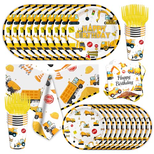 101pcs Construction Party Supplies Birthday Decorations Tableware Set Disposable Paper Plates, Napkins, Cups, Cutlery, Tablecloth, For Construction Theme Birthday Decorations (Construction )