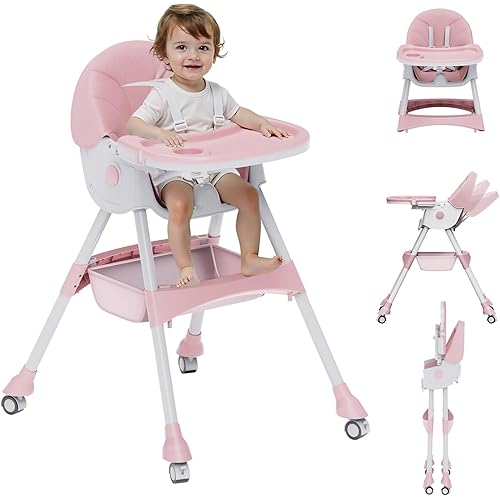 High Chairs for Babies and Toddlers, 4 in 1 Convertible Baby High Chair, Portable High Chair for Travel with Adjustable Height and Back, Foldable HighChair with Wheels& Pu Cushion