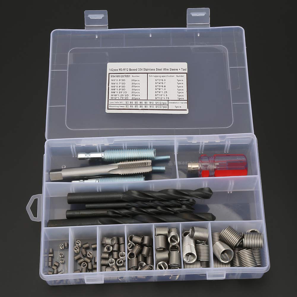 Respicefinem 142 Pieces Stainless Steel Thread Repair Insert Kit High Strength Wear Resistant Tool Set for Repairing Threaded Holes High Strength Inserts for M3-M12