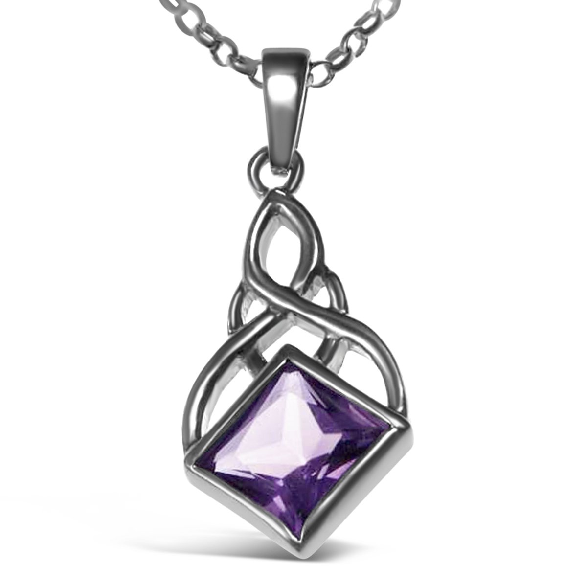 Alexander Castle925 Sterling Silver & Amethyst CZ Celtic Pendant Necklace for Women with 18 Inch Silver Chain & Jewelry Gift Box - 22mm x 12mm, Sterling Silver, Amethyst