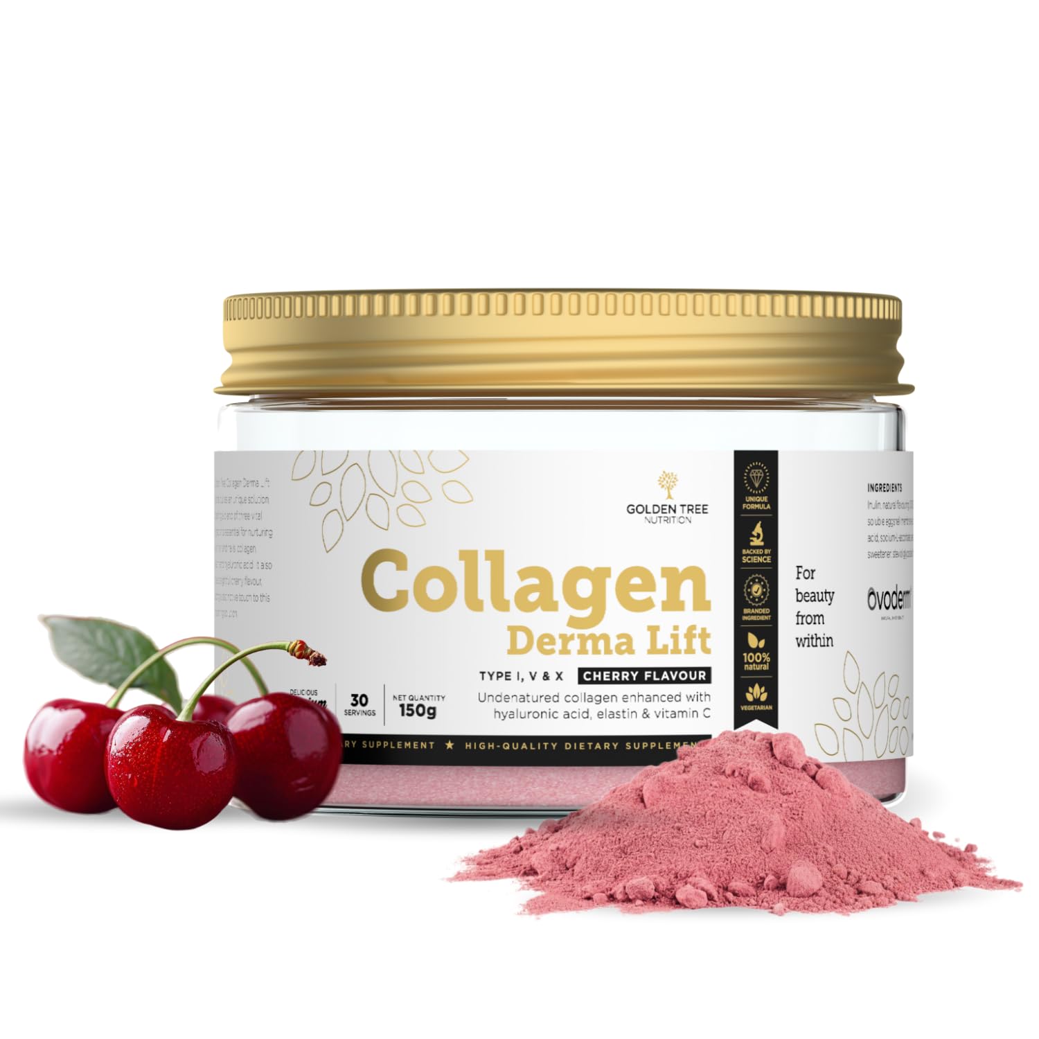 Golden Tree Collagen Derma Lift – Colágeno en Polvo, 150 g | Membrana de Cáscara de Huevo, Ácido Hialurónico, Elastina y Vitamina C, Complemento de Colágeno, Con Tipos I, V y X