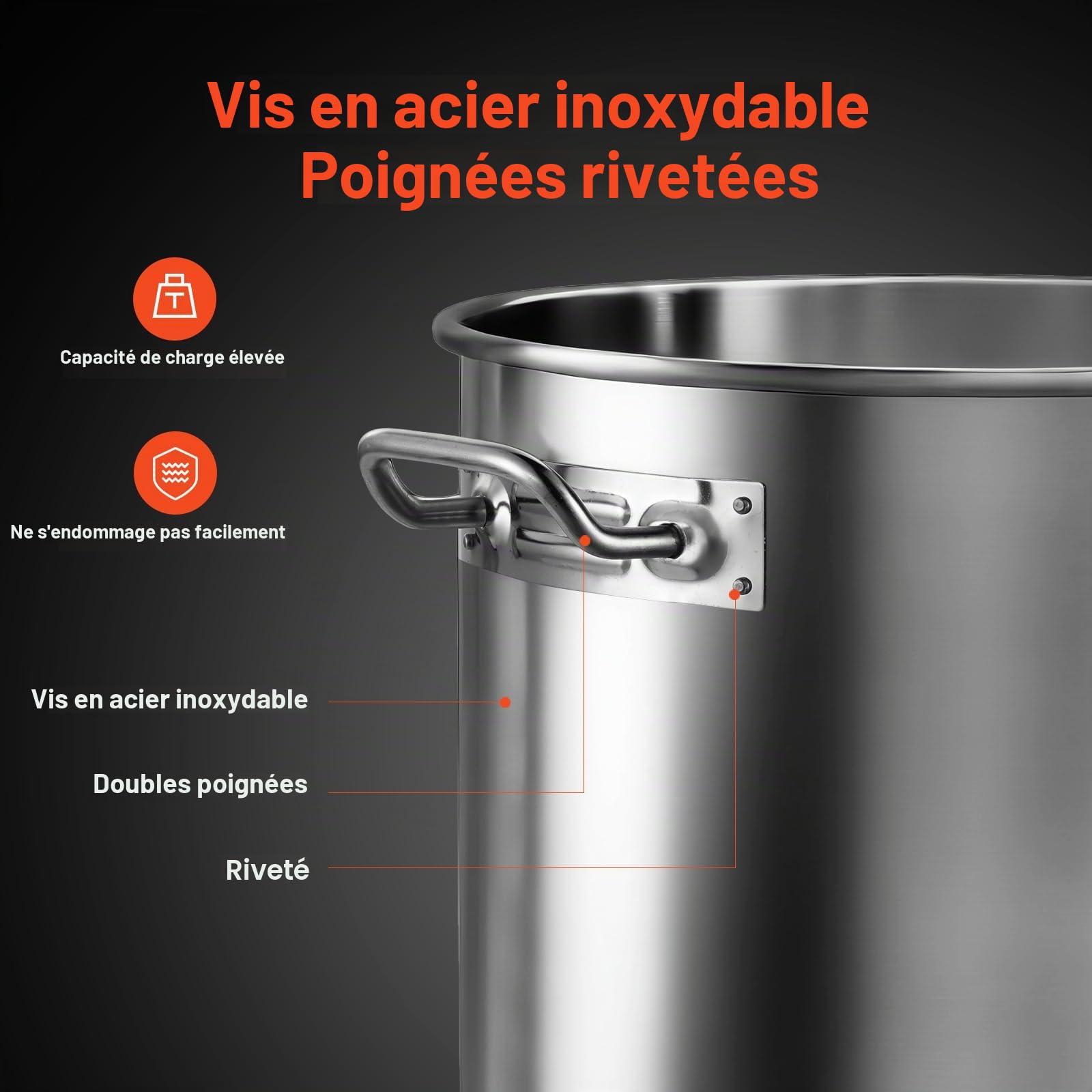 VEVOR Marmite en Acier Inoxydable 50,1 L avec Couvercle et Poignée, Faitout Robuste de Qualité Commerciale, Pot de Cuisson avec Traitement de Ponçage, Marmite Traiteur pour Grands Événements, Argent