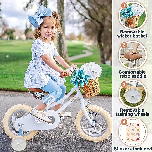 Image of Petimini Vintage Kids Bike for Girls, 12-20 Inch Classic Bicycle with Wicker Basket & Bell, High Tensile Steel Frame, Training Wheels (12-18 inch), 85% Pre-Assembled, Retro Bike for Outdoor Riding