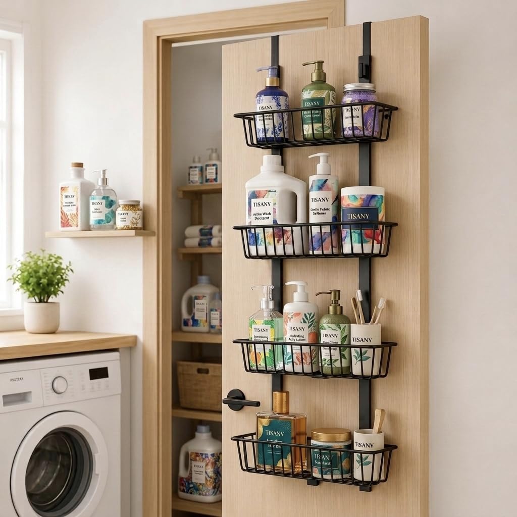 4 Tier Over The Door Hanging Storage Organizer, Heavy Duty Metal Basket Shelf with 4 Large Wire Baskets, No Drill Door Organizer Rack for Bathroom, Kitchen, Pantry, Laundry Room & Bedroom, Black-image-13