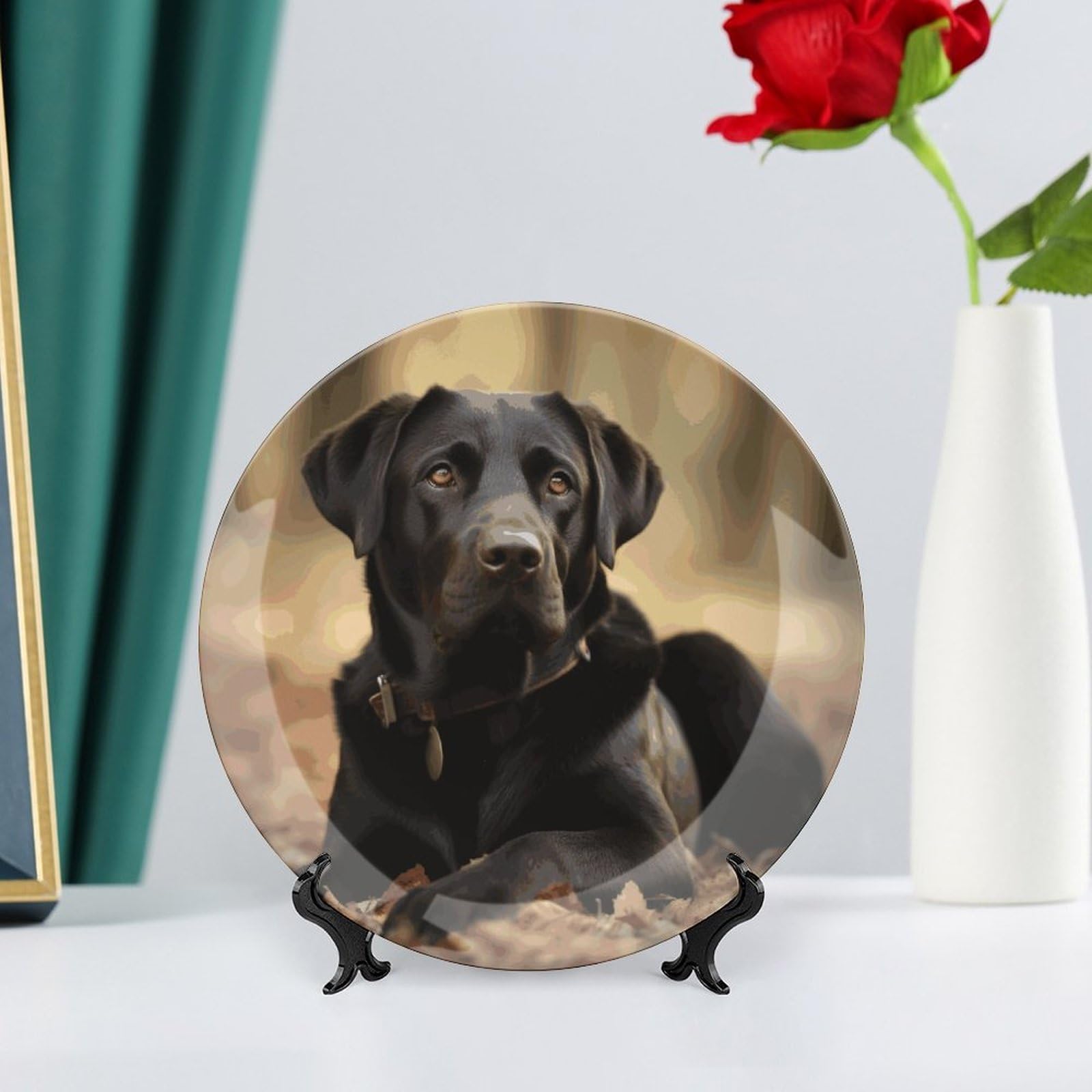 Piatti decorativi in ceramica da 20,3 cm, con simpatico cane labrador, piatti decorativi in porcellana con espositore fatto a mano, ornamento in ceramica per casa, cucina, camera da letto