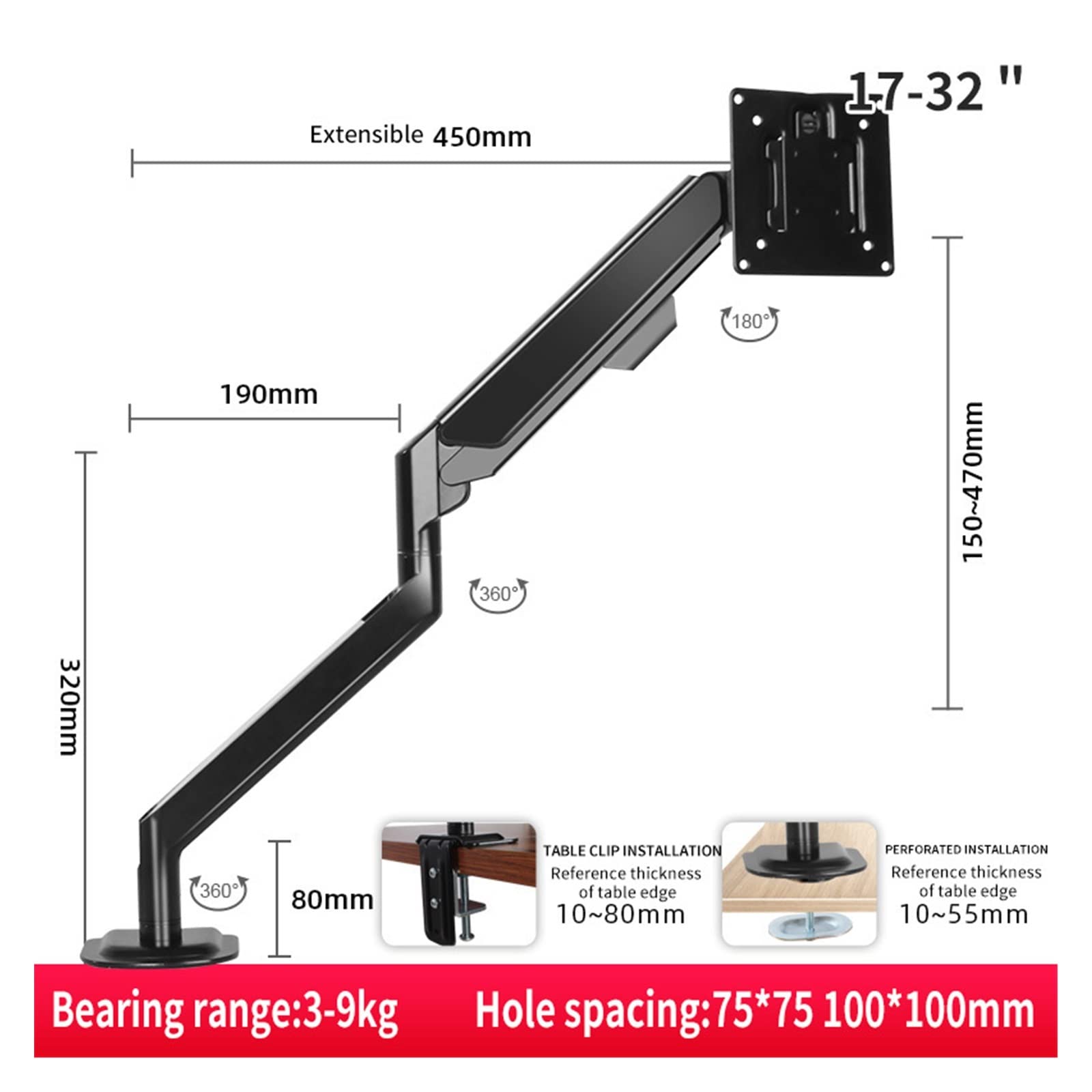 Ramię Monitora, 10-32" Ramię Monitora Ze Sprężyną Gazową, Obrót O 360 Stopni, Pochylenie, Obrotowy Uchwyt Monitora Na Biurko, Stojak Na Komputer, Stabilny I Stabilny