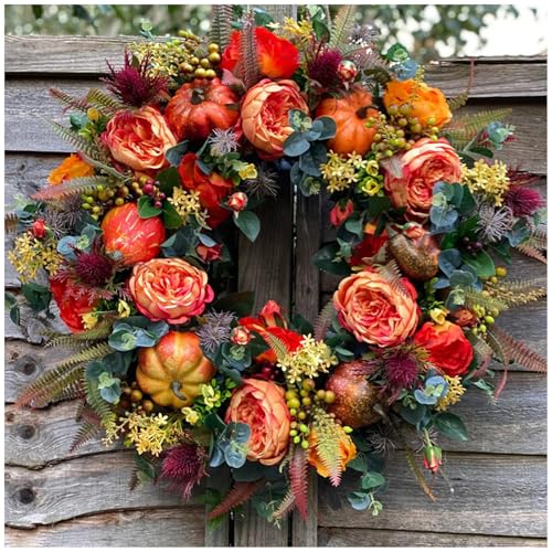 Fall Peony and Pumpkin Wreath - Year Round Wreath, 15.7in Autumn Harvest Simulation Wreath Rattan, Farmhouse Front Door Decor with Maple Leaves and Berries, for Thanksgiving, Halloween (1)