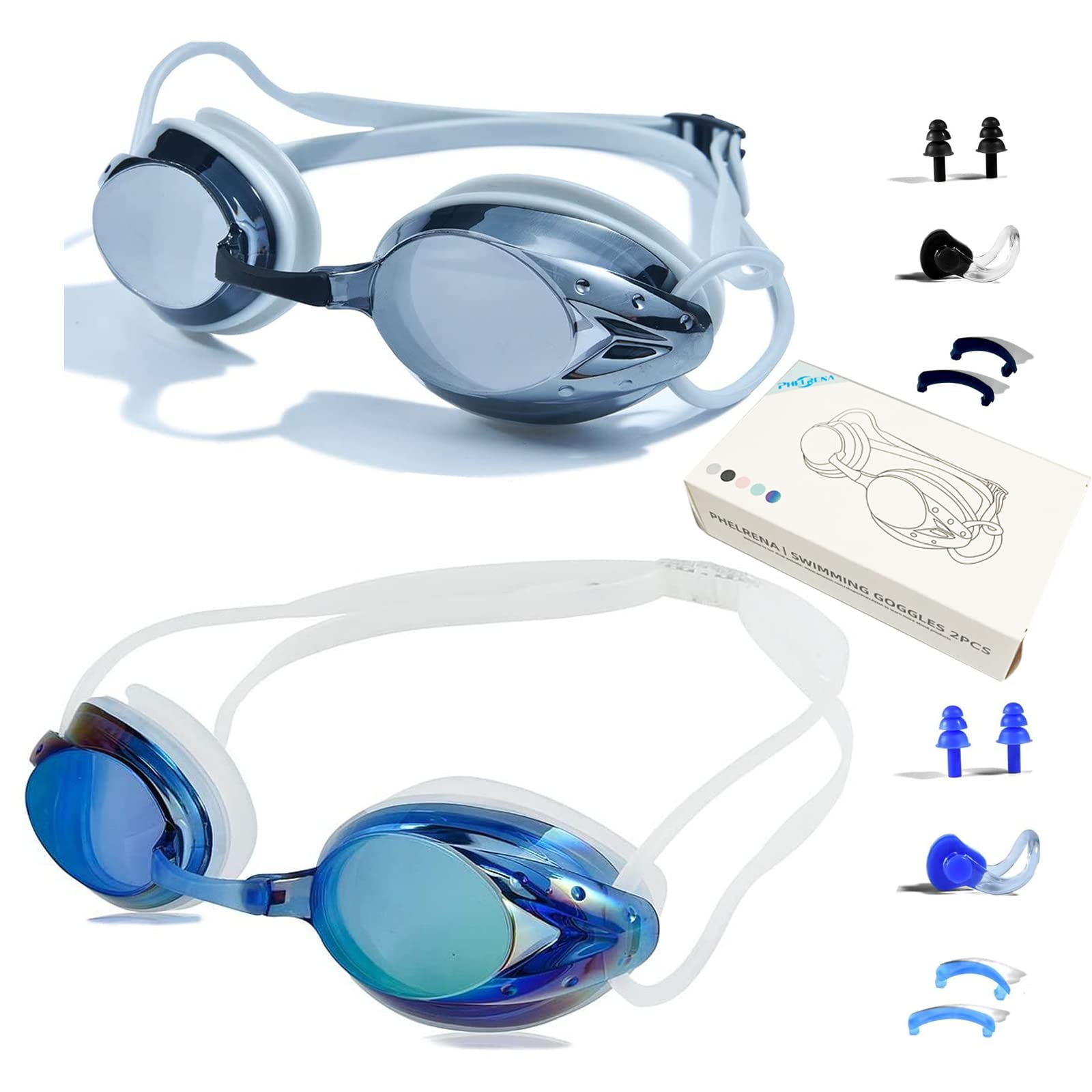 PHELRENA Swimming Goggles 2 pack, Professional Kids Swim Goggles Anti Fog UV Protection Clear Vision No Leaking for Men Women