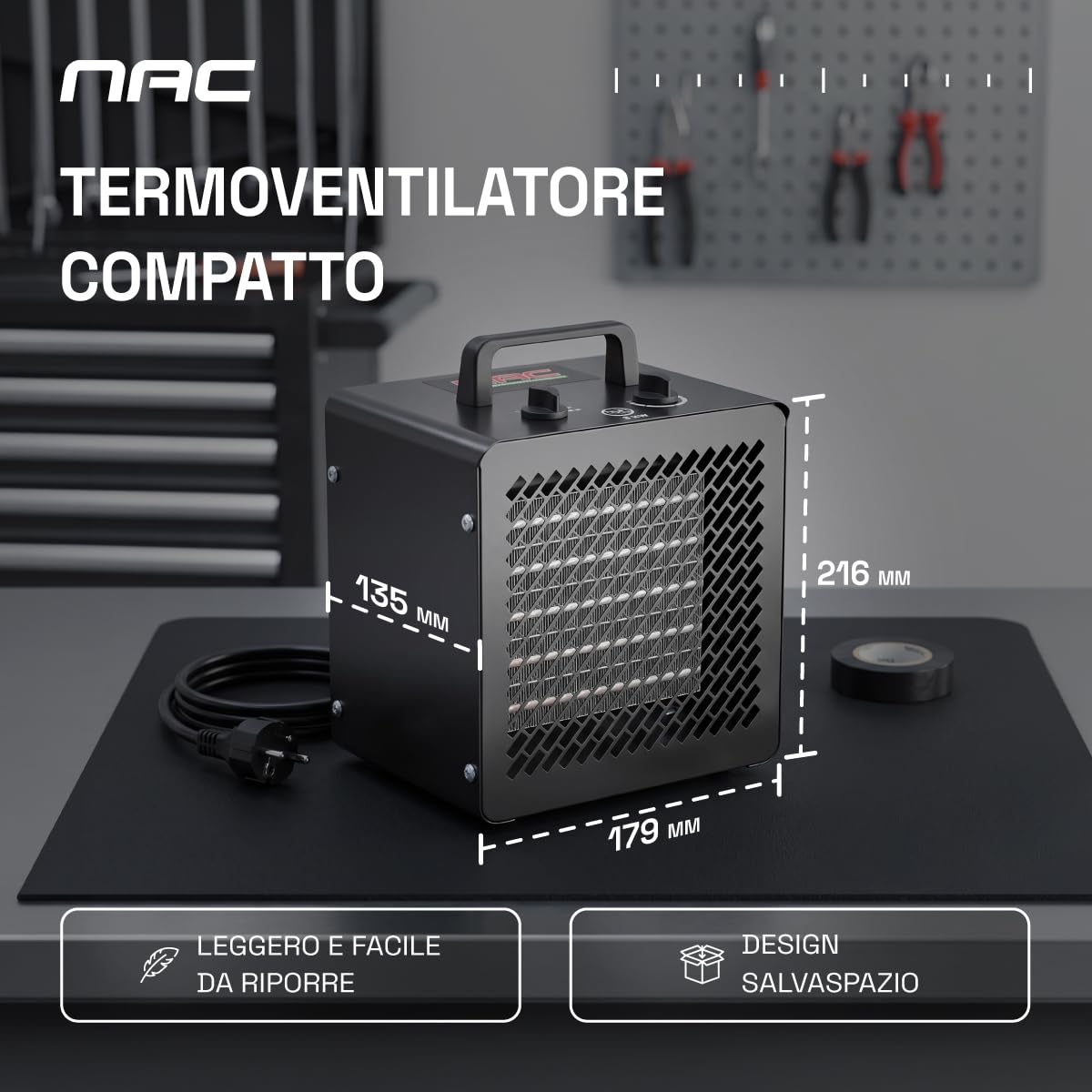 NAC Termoventilatore Elettrico 3000W – Dispositivo di Riscaldamento in Ceramica con Termostato – Riscaldamento Elettrico Portatile per Garage, Officina, Cantiere, Serra - New American Concept