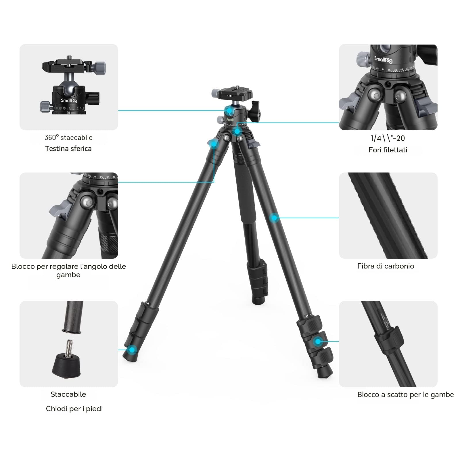 SMALLRIG Treppiede Leggero e Compatto in Fibra di Carbonio con Monopiede Staccabile, Testa a Sfera a 360°, Piastra a Sgancio Rapido, Carico Utile Fino a 26,5 Libbre/12 kg - 4060