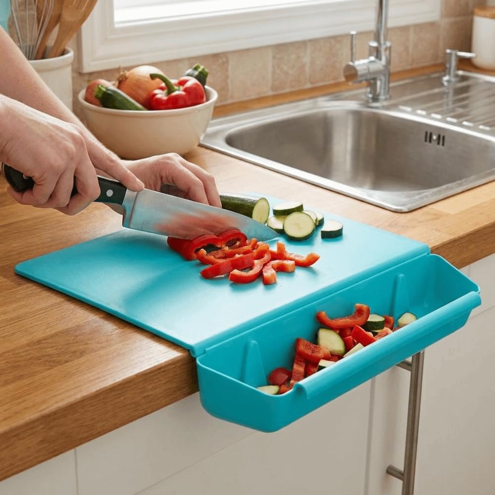 Plastikowa deska do krojenia z otworem i pojemnikiem, wielofunkcyjna antypoślizgowa deska do krojenia warzyw do kuchni i na piknik, łatwa do czyszczenia, trwała konstrukcja