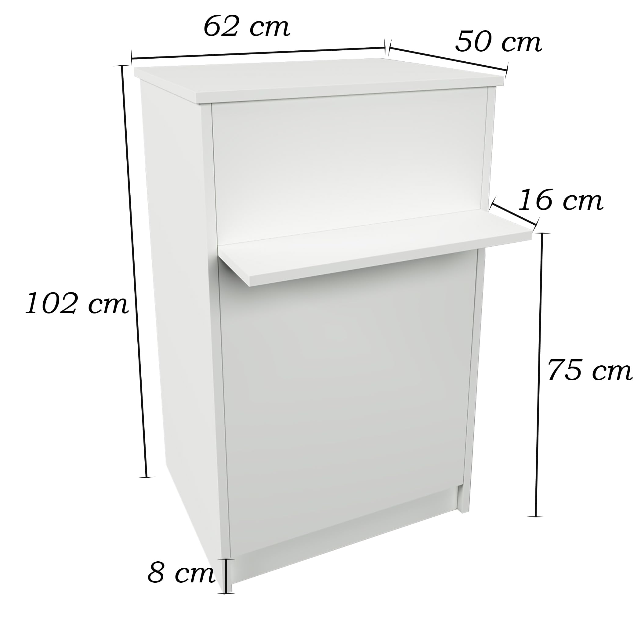 Henor Comptoir EGA roulettes. 62 x 50/65 x 102 cm. 4 roulettes Pivot et Frein Max 135kg. Ideal Bureau. Commerce. Clinique. Blanc.