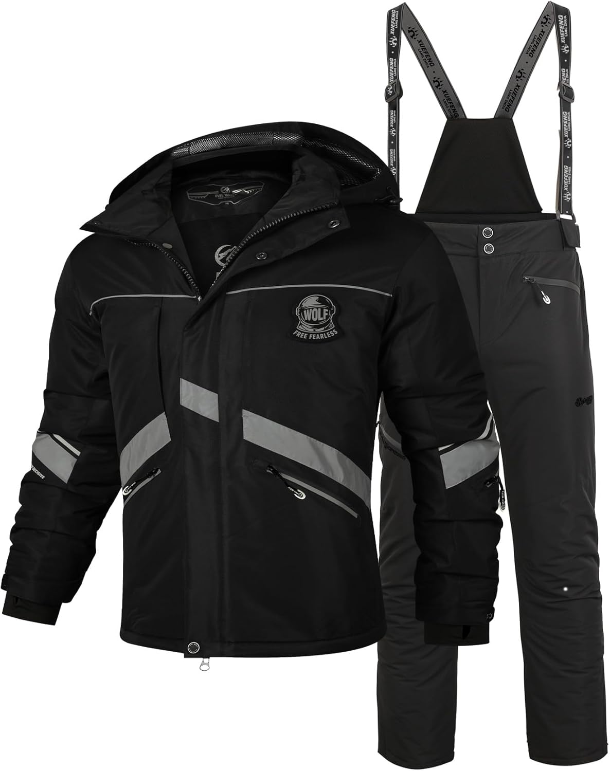 Men's Reflective Ski Suit Set, Windproof Waterproof Thickened Jacket & Bib Pants, Ideal for Outdoor Hiking & Winter Sports