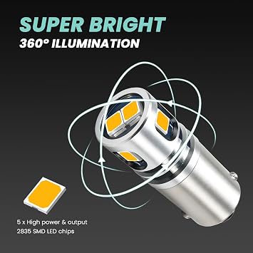 PHINLION BA9S 57 LED Bulb, Amber Yellow, 12V-24V Non-Polarity, 2 Pack