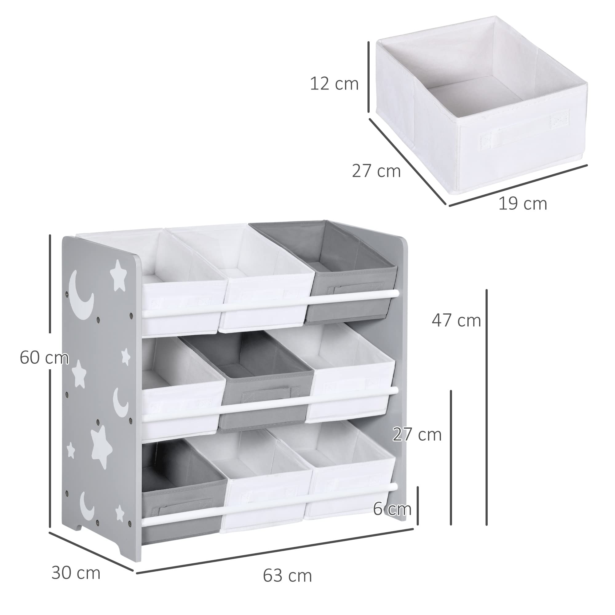 ZONEKIZ Mobile Contenitore per Bambini con 9 Cestini Rimovibili, Mobiletto Portagiochi in Legno MDF e Tessuto, 63x30x60 cm, Grigio