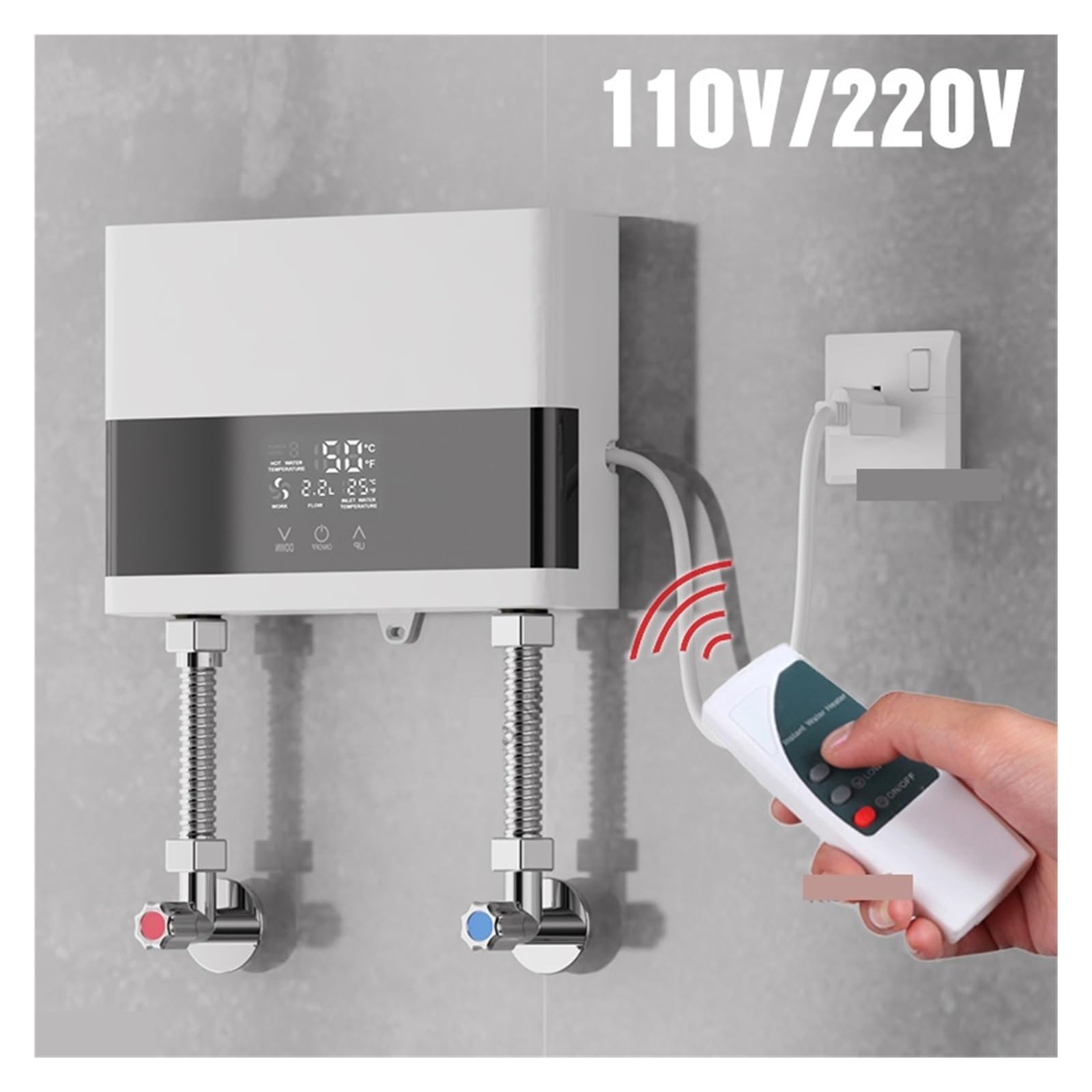 Elektryczny podgrzewacz wody przepływowy, Natychmiastowy Podgrzewacz Wody Łazienka Kuchnia Elektryczny Podgrzewacz Wody Do Montażu Na Ścianie Wyświetlacz Temperatury LCD Z Pilotem do prysznica, łazien