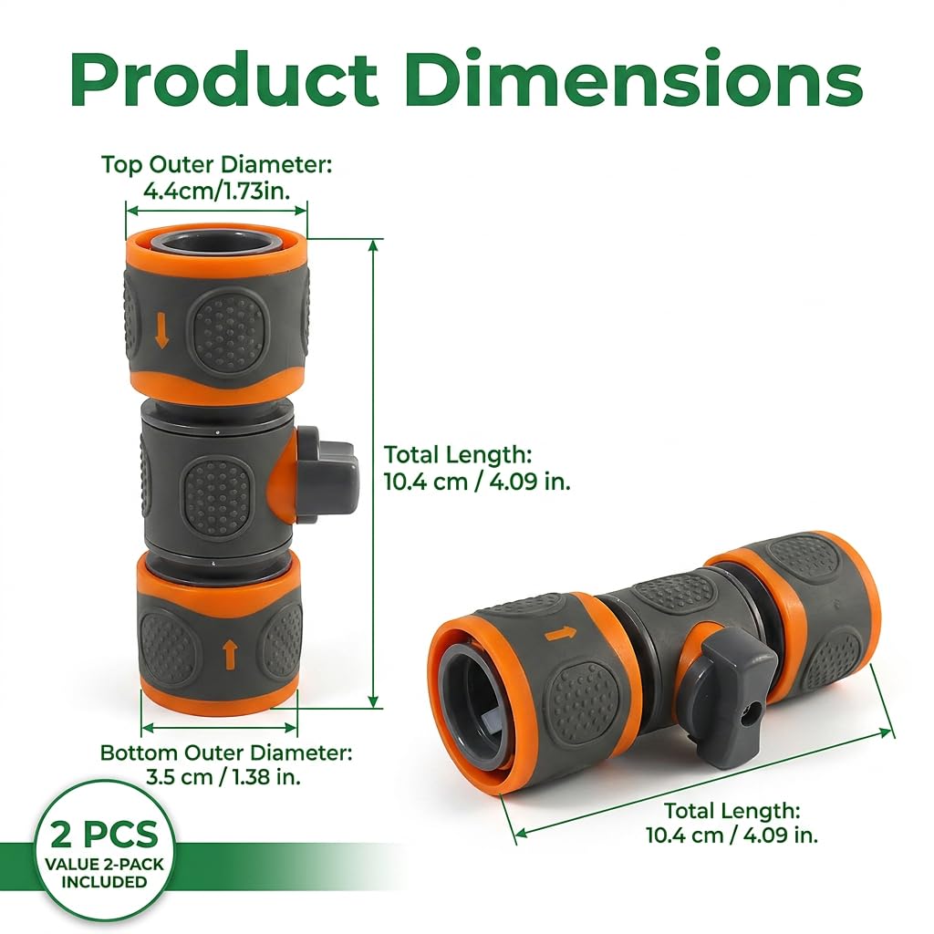 2 Stück Orange Doppel Schlauchkupplung Schlauchverbinder 1/2 Zoll für Gartenschlauch Schnellverbinder Wasserhahn Adapter Absperrventil Bewässerungssystem Schlauchanschluss Gartenbewässerung
