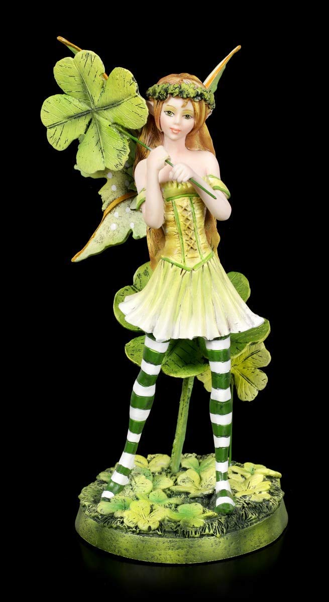 Figuren Shop GmbH Elfen Figur - Tanja mit vierblättrigen Kleeblatt | Skulptur, Statue, Fee, Deko-Figur, Deko-Artikel, H 19 cm