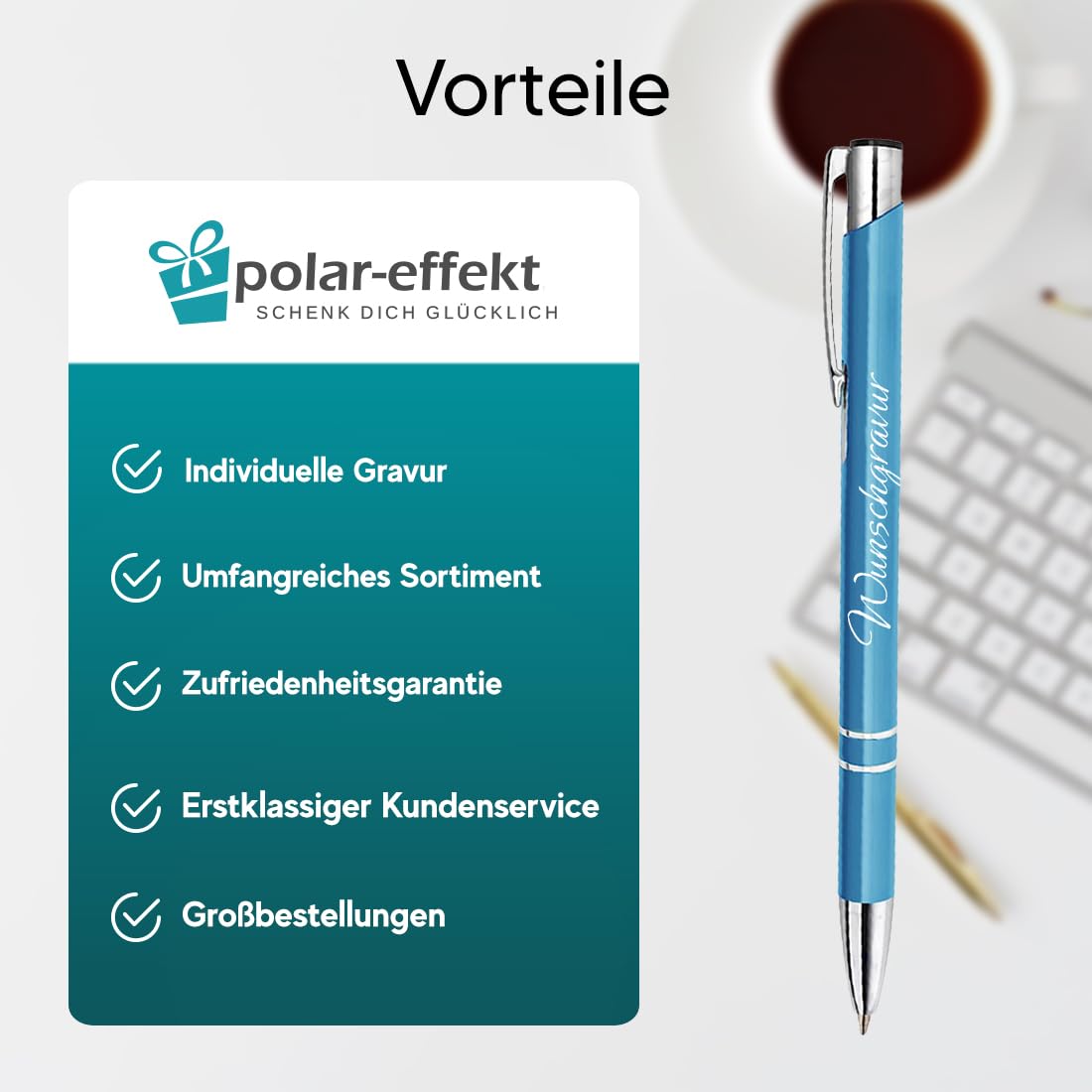 polar-effekt 50 Stück Metall Kugelschreiber Hellblau mit Gravur - Druckkugelschreiber für Frauen und Männer - Geschenke zum Geburtstag - mit rutschfestem Griff