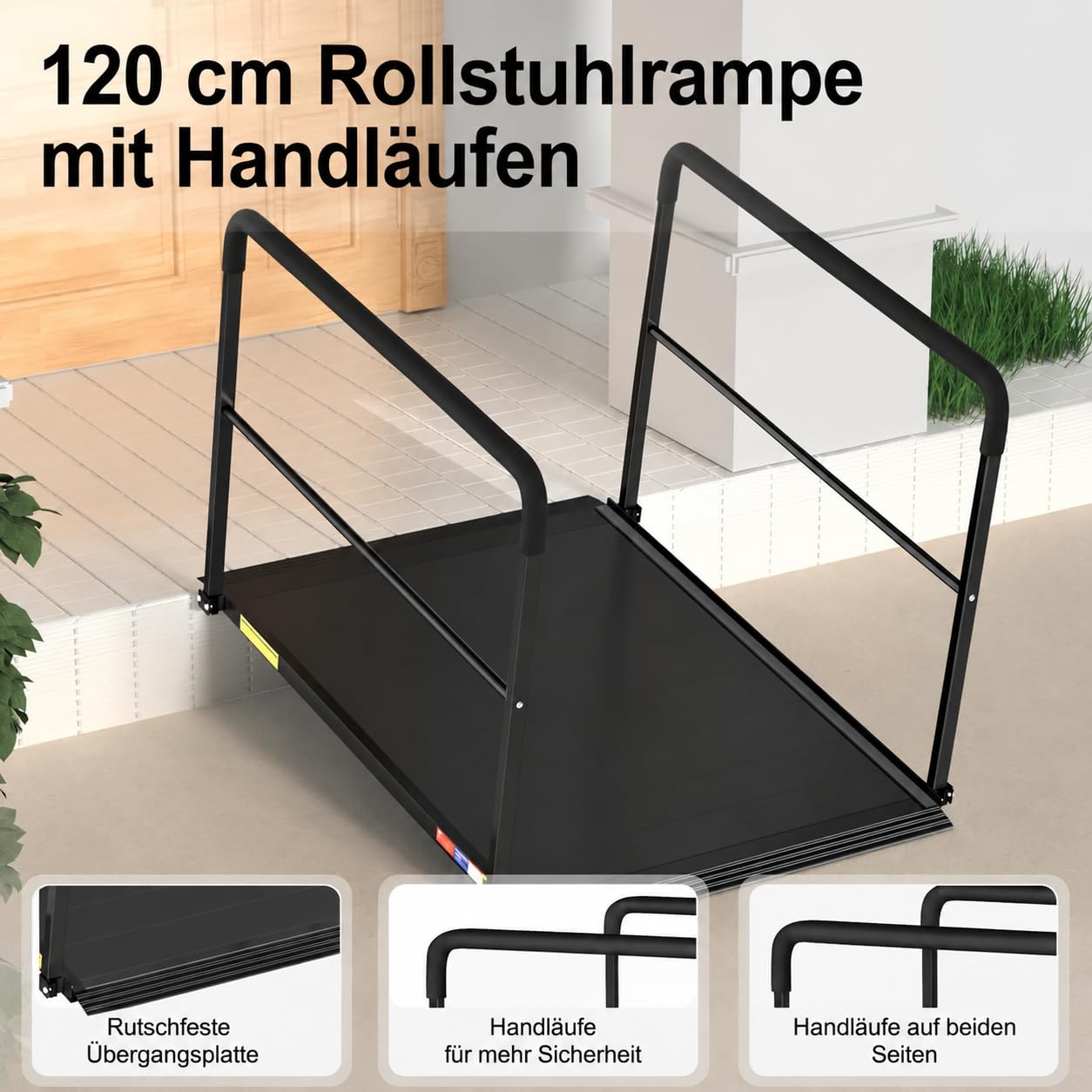 Rampa dla wózków inwalidzkich z poręczą, długość 4 stopy i udźwig 360 kg | Czarna, bezszwowa rampa aluminiowa do progów drzwi i wejść do domu, antypoślizgowa i stabilna