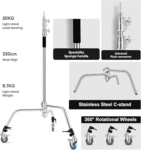 Miniatura 8 de Soporte en C resistente de 10.8 pies con brazo de brazo de sujeción de 4.2 pies  50.4in, ruedas, para estudio de fotografía, reflector de video,