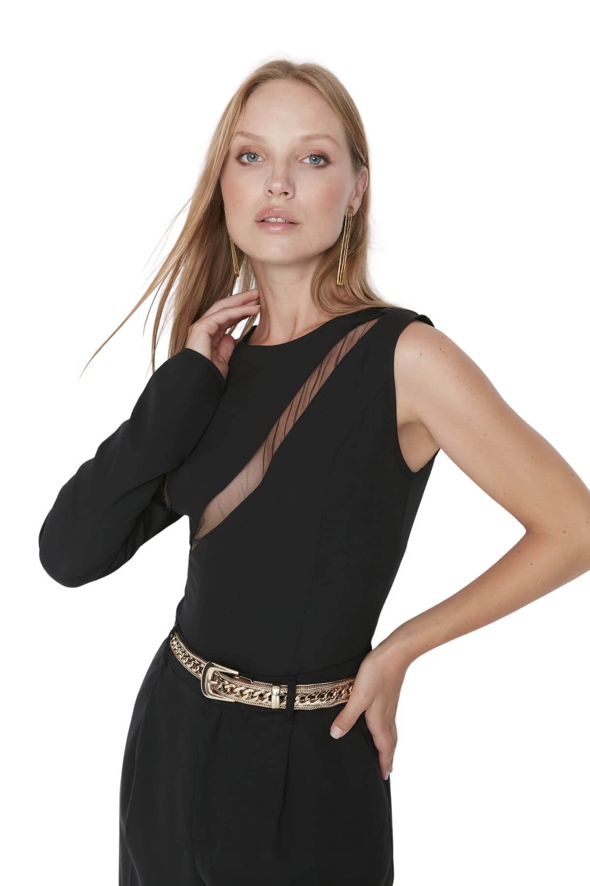 Trendyol Damen Schwarz Woman Fitted Bodycon Crew Neck Woven Bodysuit Hemd, Black, 36