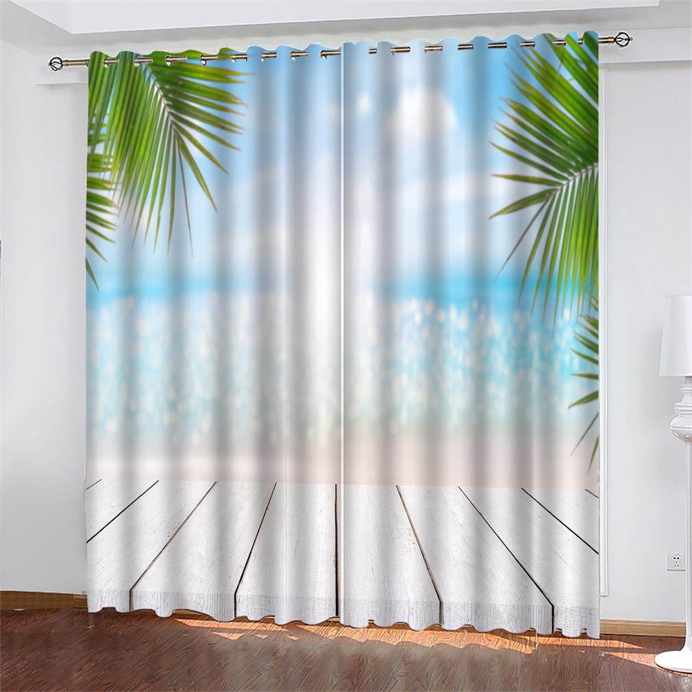 Tomifine Tropical Curtains Thermal Insulated Blackout Curtains Palm Tree Leaf Pattern Drapes (55" W (140cm) x 72" D (183cm) x 2,Blue Green)