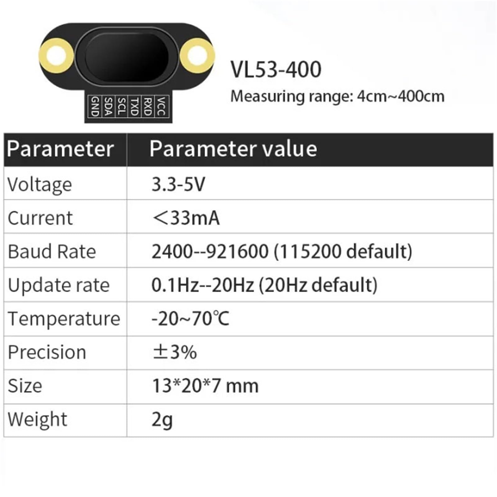 Capteur de télémétrie Laser UART VL53-400 (4-400 cm), Module de Distance Laser VL53L0 (3-200 cm), Sortie de données TTL/IIC 100 Hz, 3,3-5 V(VL53-400)