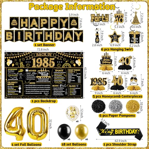 Image of 18 /30 /40 /50 /60 /70 /80th Happy Birthday Banner, 39 Pcs 40th Birthday Decorations, Large 1985 Theme Birthday Backdrop Black Gold Honeycomb Centerpieces, Number Balloon Swirls and Pompoms