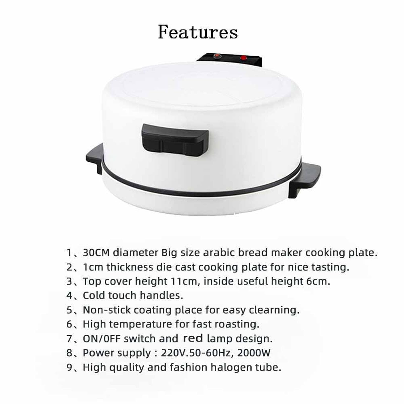 Horno eléctrico de pizza de 2000 W, para interiores y exteriores, portátil, máquina para hacer pizza de 12 pulgadas, sartén para hacer pizza para el hogar (enchufe de EE. UU. 110V) 2