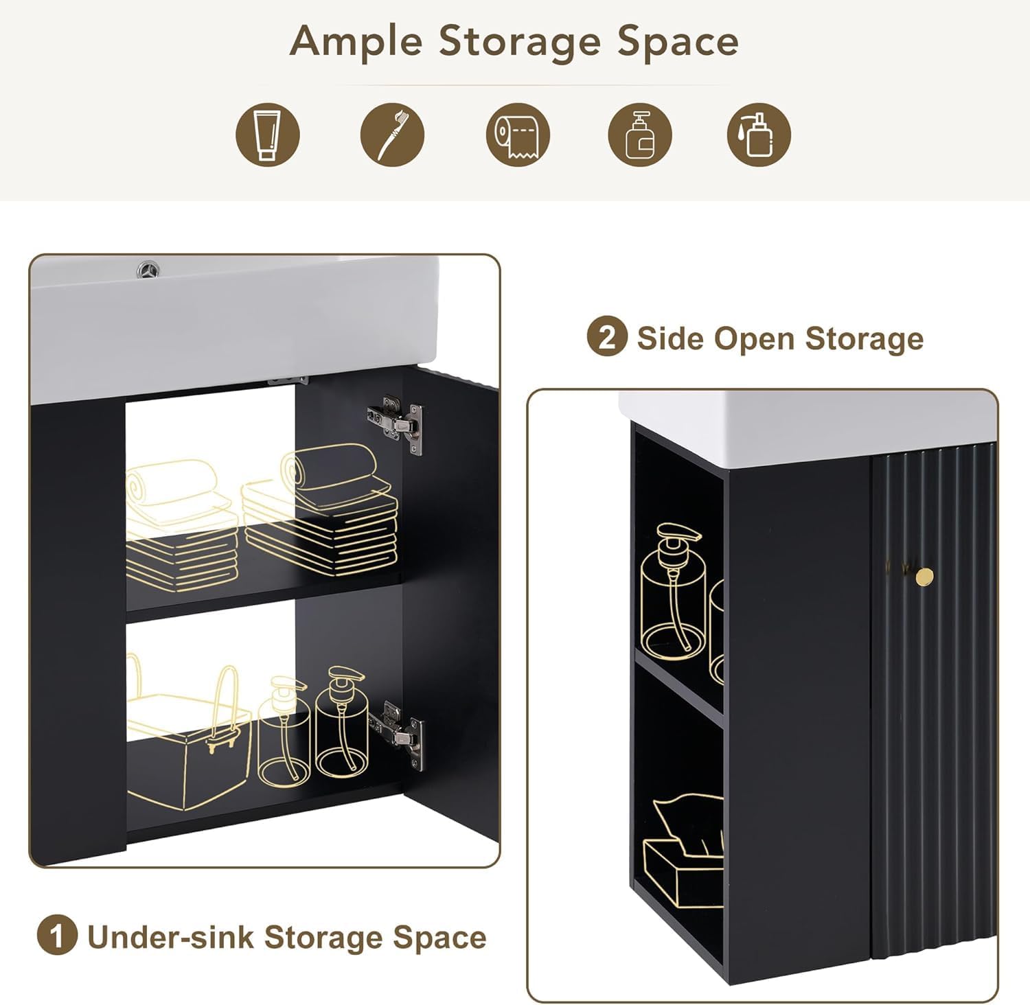 Virubi 21.6 in Floating Bathroom Vanity with Sink,Soft Closing Doors,Solid Wood Frame & MDF Modern Single Small Black Bathroom Vanity Cabinet with Open Shelf,Wall Mounted