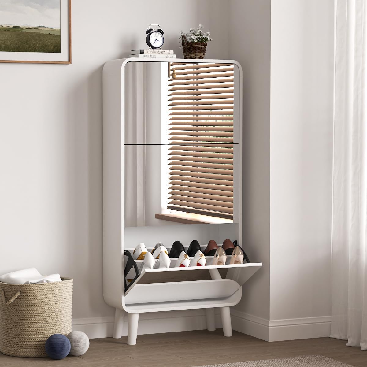 Mirror Shoe Cabinet for Entryway, Narrow Shoe Storage Cabinet with 3 Flip Drawers, Legs, Fluted Panel, Anti-Tip Device, Wooden Hidden Shoe Organizer Cabinet (White & 3 Tier Mirror)