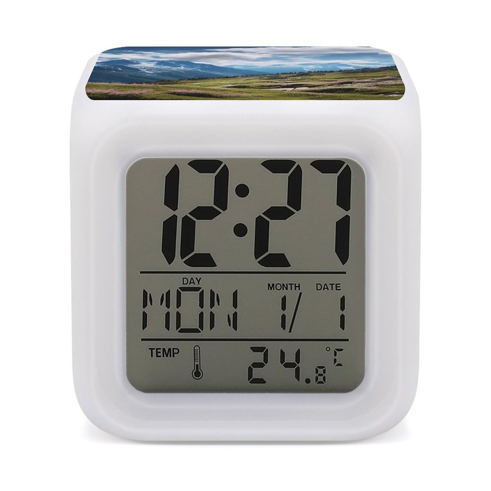 DWVTSLH Mountains Alarm Clock with 7 Color Changing Night Light, Wake Up Digital Clock for Bedroom, Bedside Cube Clock with Date, Temperature, Battery Operated Desk Clock Gift
