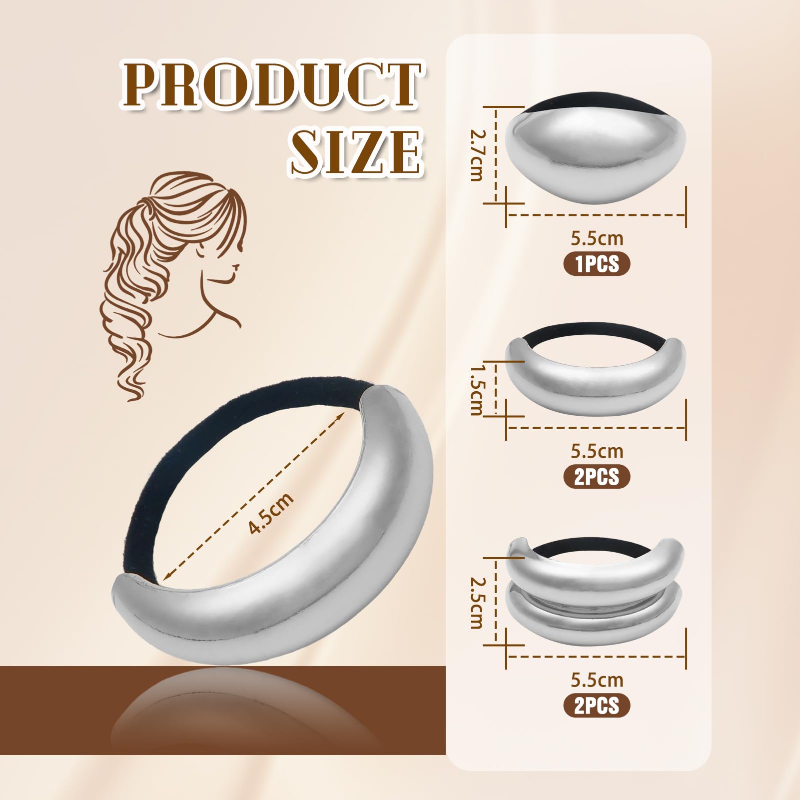 TOAOB Pack of 5 Geometric Elastic Hair Ropes Silver Metal Hair Bobbles Elastic Hair Cuffs Ponytail Hair Cuffs - Image 2