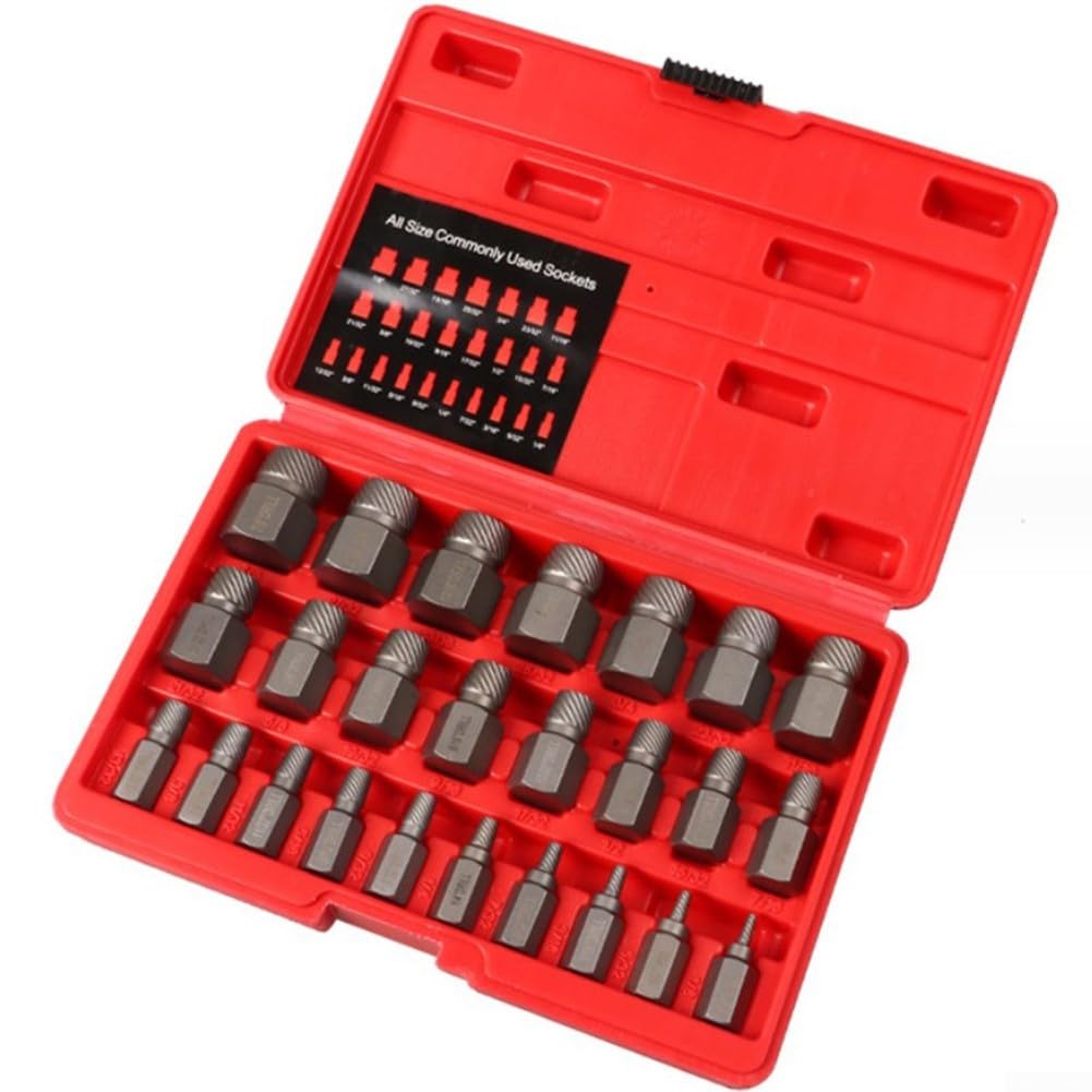 Juego de 25 extractores de tornillos hexagonales, removedor de pernos de acero de alto carbono para tornillos dañados redondeados pelados, diseño en espiral para zurdos para reparación de automóviles