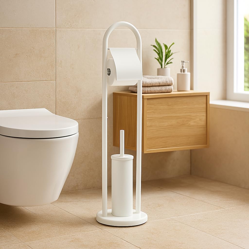 Piantana Portarotolo e Scopino Bianco, Porta Carta Igenica e Scopino da Terra, Scopino Wc con Porta Carta Igenica