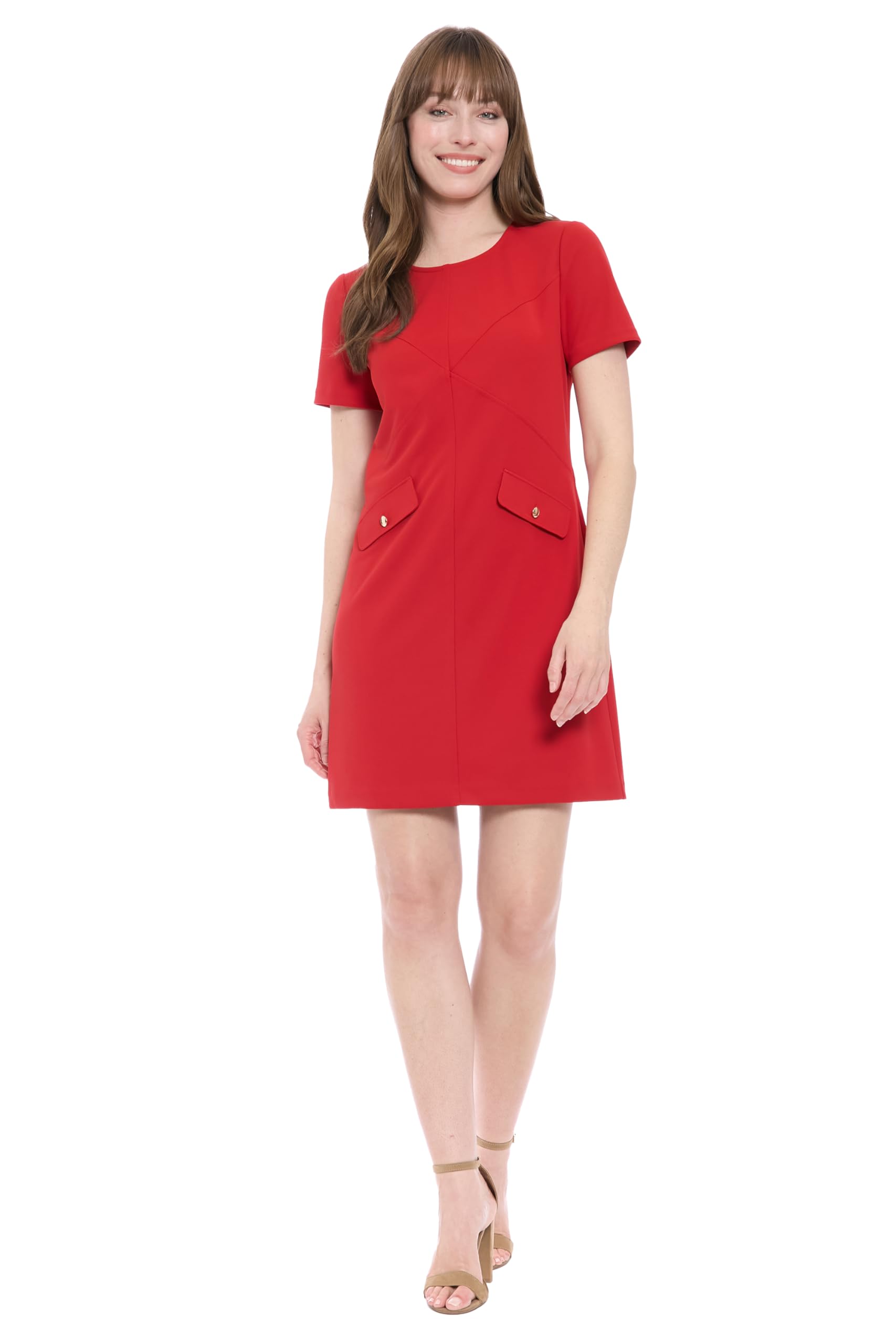 London Times Womens Womens Short Sleeve Round Neck Sheath Dress with Welt Pockets - Professional Work Dresses