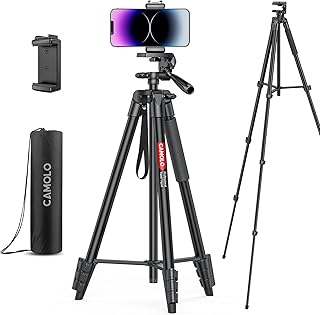 CAMOLO Phone Tripod，63.6”Camera Tripod for Travel Aluminum Lightweight Tripod with Travel Bag Vlogging for Camera DSLR Cell Phone Tripod Video Photography for YouTube